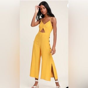 Lulus Imagine That Mustard Yellow Tie-Back Cutout Culotte Jumpsuit
